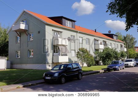 Hallstahammar, Sweden - June 14, 2019: Exterior View Of The Hsb Condominium Building Built 1960 Loca