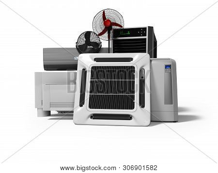 Concept Group Of Equipment For Cooling And Air Conditioning Of Large Rooms 3d Render On White Backgr
