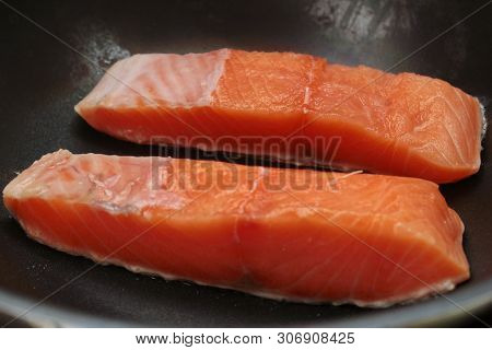 Ready Raw Fresh Salmon For Cooking In Pan.