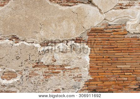Old Brick Cement Wall Exture Red Orange White Horizontal Block Which Are Beautiful Background.