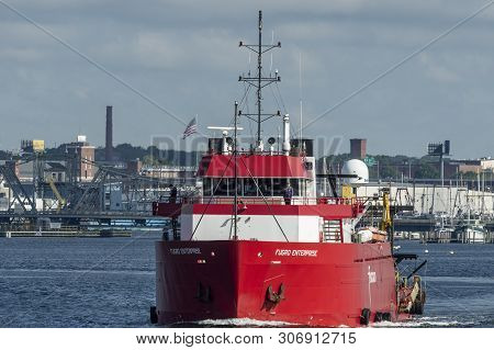 New Bedford, Massachusetts, Usa - June 17, 2019: Offshore Surveying Vessel Fugro Enterprise Leaving 