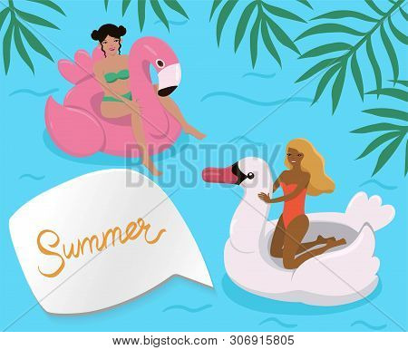 Girls In The Pool On Inflatable Flamingos And Swans. Vector Image.