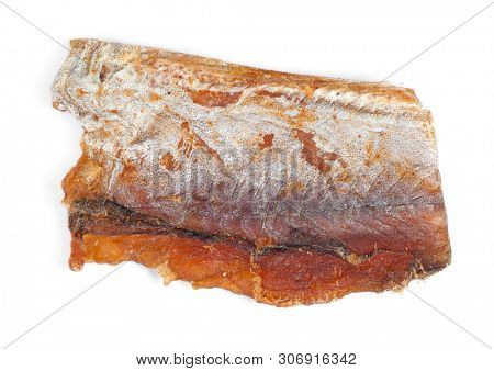Piece of cleaned dried fish isolated on white (Dry Peppered Pollack)