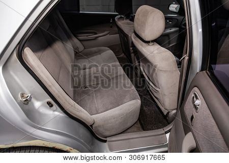 Novosibirsk, Russia - June 14, 2019:  Mazda Capella, Close-up Of The Gray  Rear Seats With Seats Bel