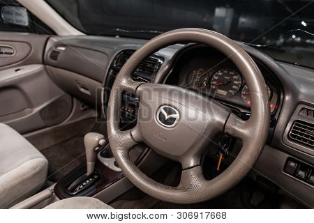 Novosibirsk, Russia - June 14, 2019:  Mazda Capella, Close-up Of The Dashboard, Speedometer, Tachome