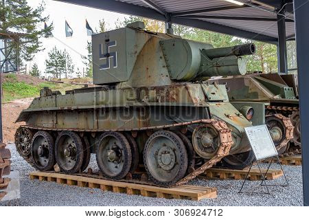 Parola, Finland - May 2, 2019: Tank Museum In The City Of Parola. Soviet Tank Bt-42. This Copy Was C