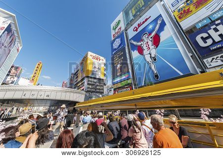 Osaka, Japan - April 14 2016 : Tourist Boat Tour In Dontonbori, Namba Area, Osaka, Japan. Namba Is N