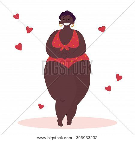 Plus Size Body Positive African American Black Woman. Happy Smiling Girl In Bikini, That Accepted He
