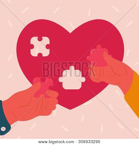 Man And Woman Insert Small Pieces Of Puzle Into Heart Shaped Puzzle. Concept Of Understanding. Young