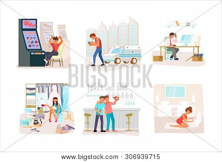 Set Of Addicted And Bad Habits People. Unhealthy Lifestyle. Alcoholism Drug Addiction Smoking Gambli