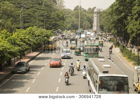 Bangalore, Karnataka India-june 04 2019 : Aerial View Of Five Lane Highway Road With Waiting Vehicle