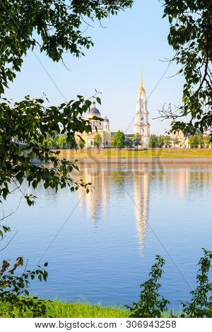 Rybinsk, Russia - June, 10, 2019: landscape with the image of Volga embankment in Rybinsk, Russia at sunrise