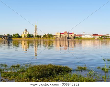 Rybinsk, Russia - June, 10, 2019: landscape with the image of Volga embankment in Rybinsk, Russia at sunrise