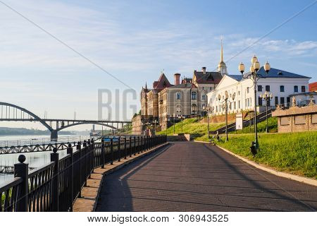 Rybinsk, Russia - June, 10, 2019: Volga embankment in Rybinsk, Russia at sunrise