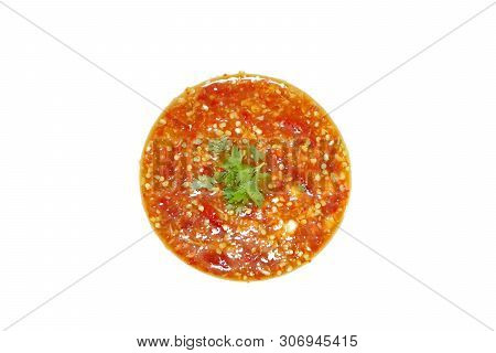 Thai Food Style, Top View Of Spicy Seafood Dipping Sauce Sprinkled With Coriander Slice Isolated On 