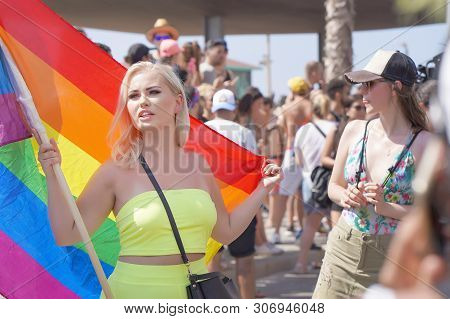 The Annual Parade Lgbt. Gay And Lesbians Walking In The Gay Pride Parade. Parade Of Tolerance. Rainb