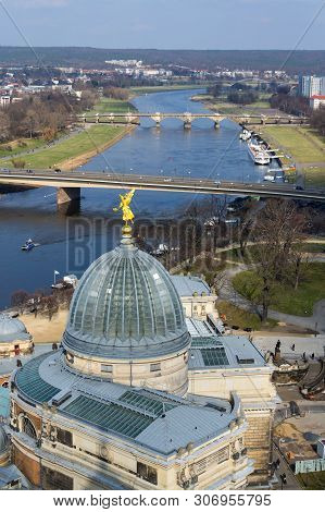 Amazing Dresden Aerial View With River Elbe And Kunstakademie - Academy Of Fine Arts On Sunny Spring
