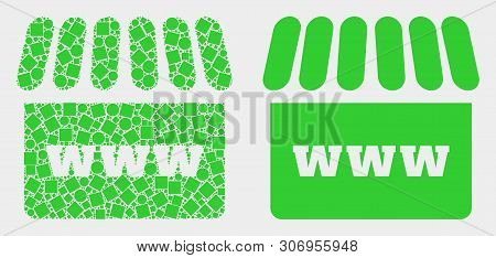 Dot And Flat Webshop Icons. Vector Mosaic Of Webshop Composed Of Random Small Squares And Circle Pix
