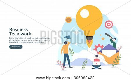 Teamwork Business Brainstorming Idea Concept With Big Yellow Light Bulb Lamp, Tiny People Character.