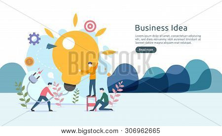 Teamwork Business Brainstorming Idea Concept With Big Yellow Light Bulb Lamp, Tiny People Character.