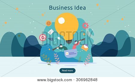 Teamwork Business Brainstorming Idea Concept With Big Yellow Light Bulb Lamp, Tiny People Character.