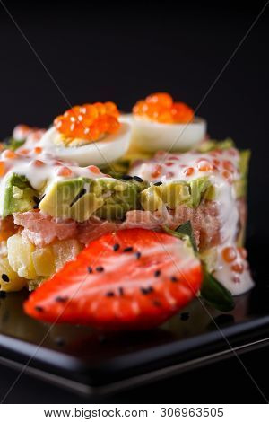 Round Salad Made Of Red Fish Potato And Avocado