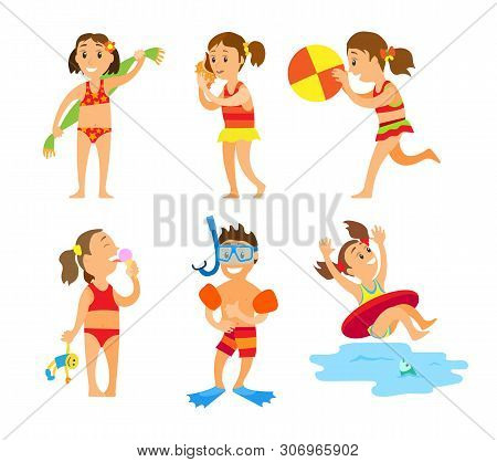 Children On Summer Vacation Vector, Isolated Kids Boys And Girls Wearing Swimming Suits And Playing 