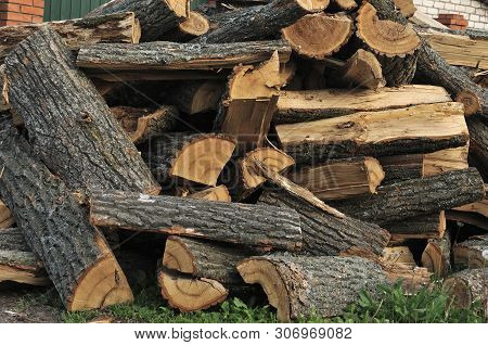 Pile Of Firewood. Preparation Of Firewood For The Winter And Use For Cooking, Firewood Background, S