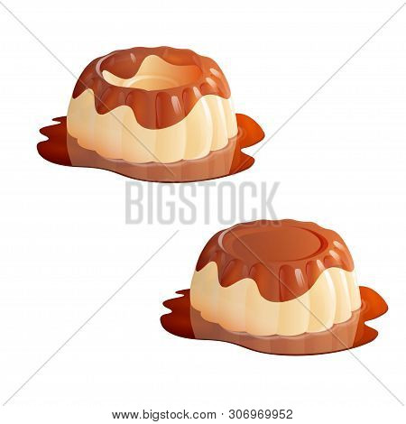 Homemade Vanilla Pudding With Caramel Sauce. Set Of Sweet Custard Jelly Desserts. Vector Illustratio