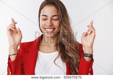 Happy Smiling Gorgeous 25s Caucasian Woman Asking God Make Wish Come True Feeling Lucky Hopeful, Cro