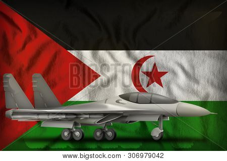 Fighter, Interceptor On The Western Sahara Flag Background. 3d Illustration