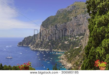 Panoramic View Of Marina Piccola And Tyrrhenian Sea In Capri Island - Italy