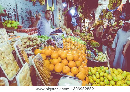 Amman, Jordan - May 18, 2019: Market In Amman Downtown, Jordan. Choice Of Arabic Fruits And Vegetabl