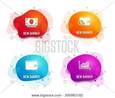 Liquid Badges. Set Of Money Wallet, Cash Money And Buying Accessory Icons. Graph Sign. Payment Metho