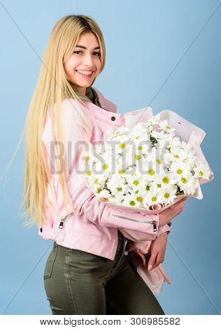 Birthday Mothers Day 8 March Or Any Other Occasion For Gift. Girl Tender Sensual Blonde Hold Chamomi
