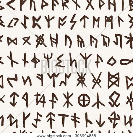 Vector Seamless Pattern Of Ancient Runes. Esoteric Symbols