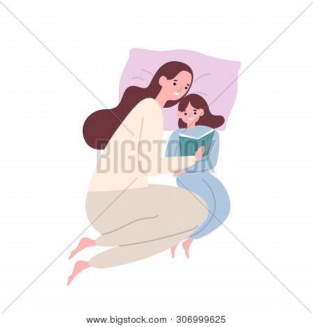 Cute Smiling Mother And Daughter In Pyjamas Lying In Bed And Reading Book Or Fairytale. Happy Adorab