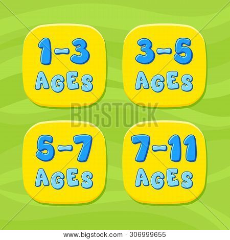 Kids Ages. Cartoon Vector Emblem. Green Background.