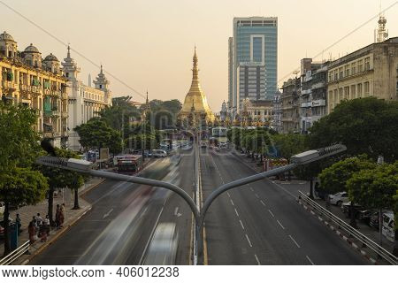 Yangon, Myanmar - December 19, 2019: General View Of Sule Pagoda Buddhist Temple And Stupa, Decorate