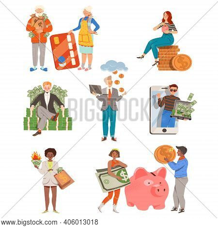 People With Money Coins And Dollar Banknotes As Financial Success Gaining Vector Illustration Set