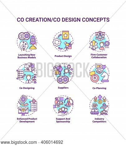 Co-creation Concept Icons Set. Co-design Idea Thin Line Rgb Color Illustrations. Launching New Busin