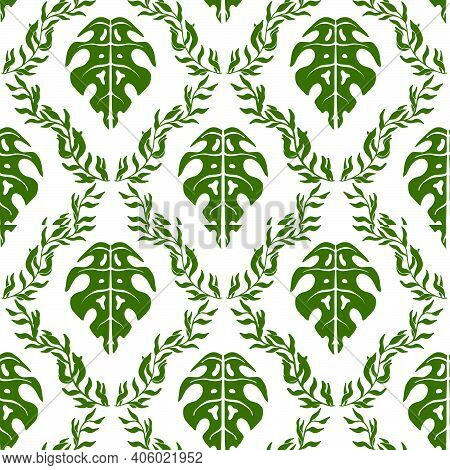 Palm Leaves Vector Seamless Pattern In Damask Style. Tropical Background With Monstera Leaves In Gre