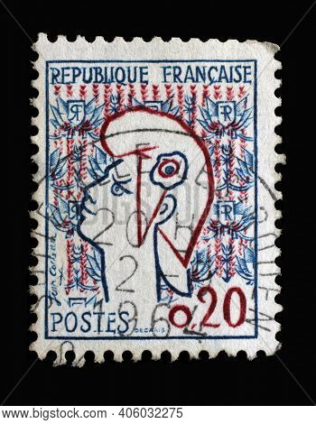 ZAGREB, CROATIA - SEPTEMBER 03, 2014: Stamp printed in the France shows Marianne by Jean Cocteau, circa 1961.