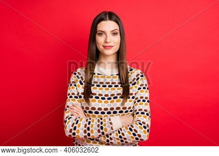 Photo Portrait Of Smiling Student Folded Hands Wearing Casual Sweater Smiling Isolated Vivid Red Col