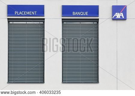 Bourg, France - September 26, 2020: Axa Insurance Agency. Axa Is A French Multinational Insurance Fi