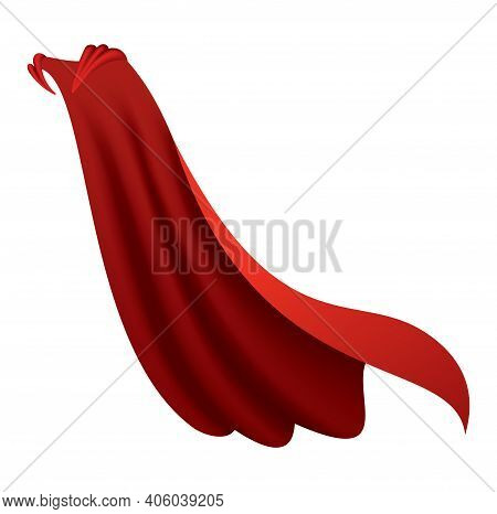 Superhero Red Cape. Scarlet Fabric Silk Cloak In Side View. Carnival Or Masquerade Dress. Realistic 