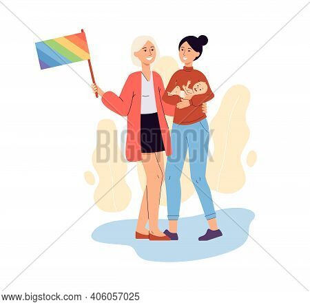 Lesbian Parents Couple Holding Baby And Pride Flag, Cartoon Lgbt Family