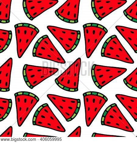 Juicy Watermelon Slices, Pattern, On A White Background. Vector Seamless Pattern On A White Backgrou