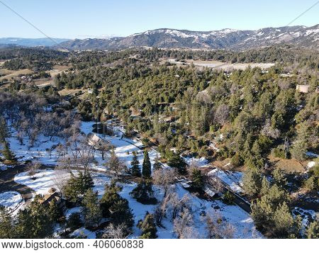Aerial View Of Mountain With Snow In Julian, San Diego County, California, In The United States