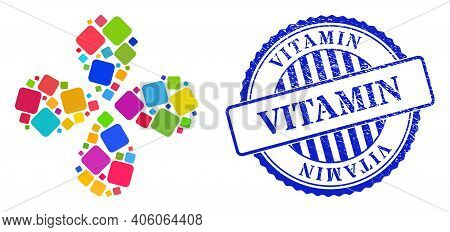 Rounded Square Bright Exploding Flower With 4 Petals, And Blue Round Vitamin Textured Stamp Seal. El
